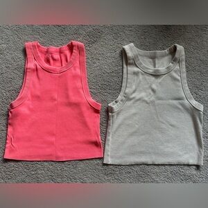 Aerie Bundle 2 Cropped Ribbed Tank Tops Razorback Size XL Neon Pink and Cream